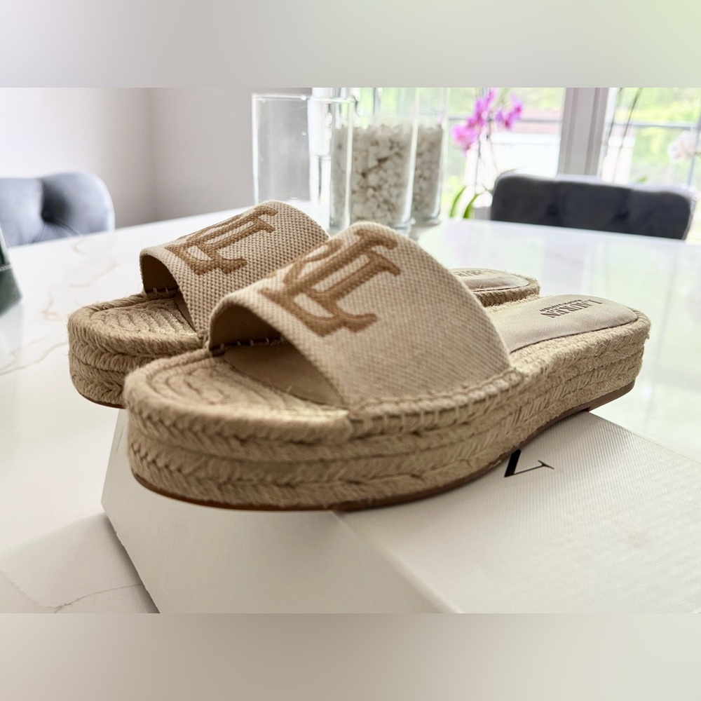 Ralph Lauren Tan RL Logo Espadrille Platform Slides - Picture 2 of 5